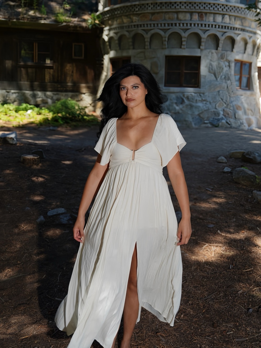 Ivory Maxi Dress with Flutter Sleeves by